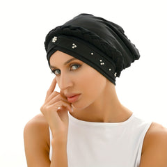 Classic Beads Decor Turban Cap Solid Elastic Head Wrap Pre-tied Head Scarf
