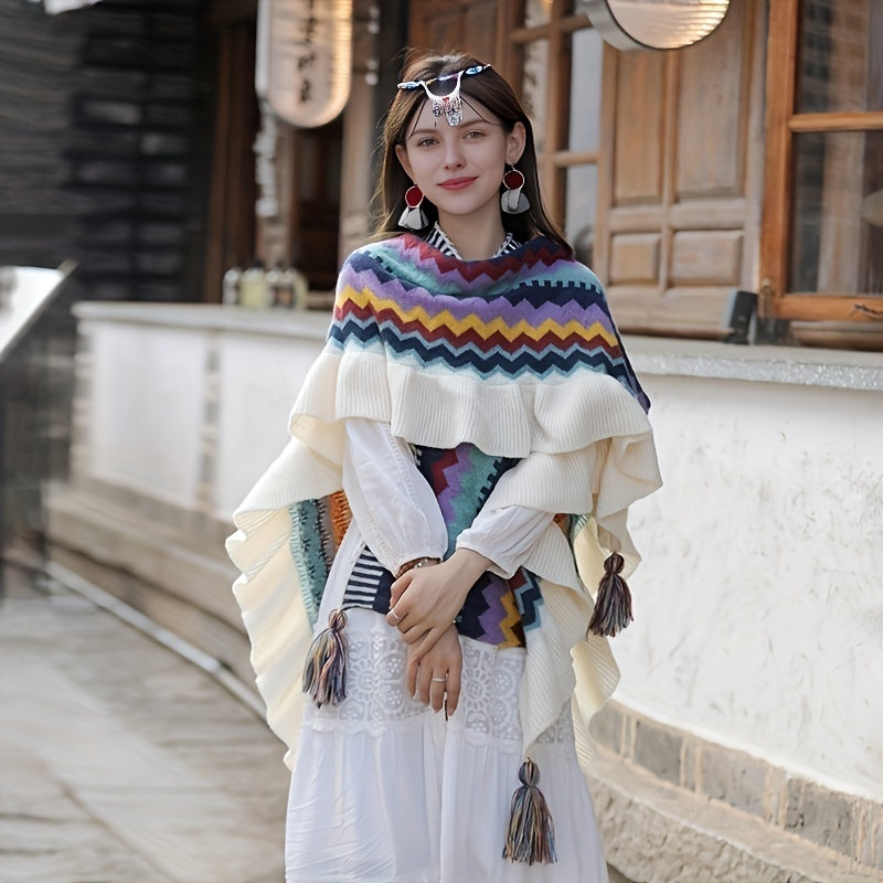 Striped Tassel Shawl Bohemian Block Warm Wrap Ruffles Knitted