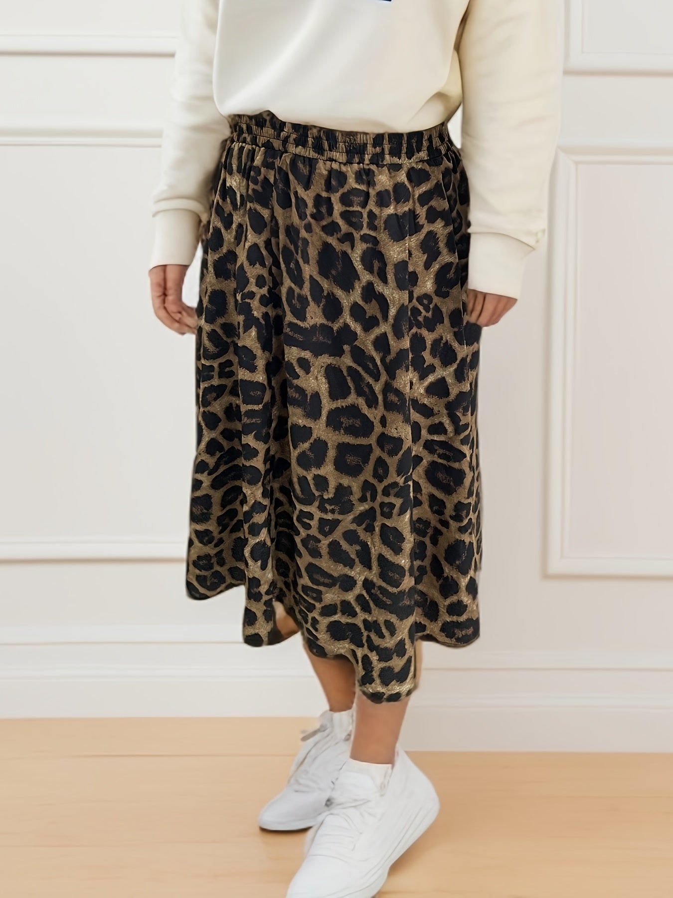 Leopard Print Plus Size Casual Elastic Midi Skirt