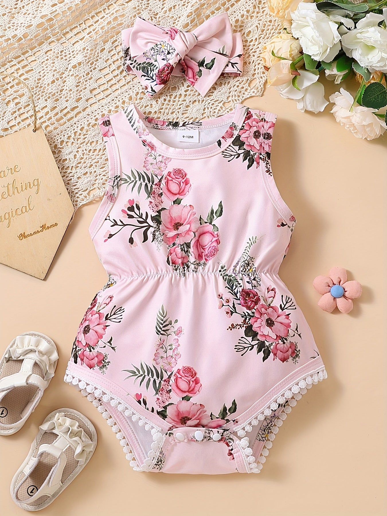 2pcs Baby Girls Floral Onesie Romper & Headband Set