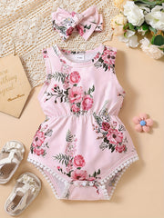 2pcs Baby Girls Floral Onesie Romper & Headband Set