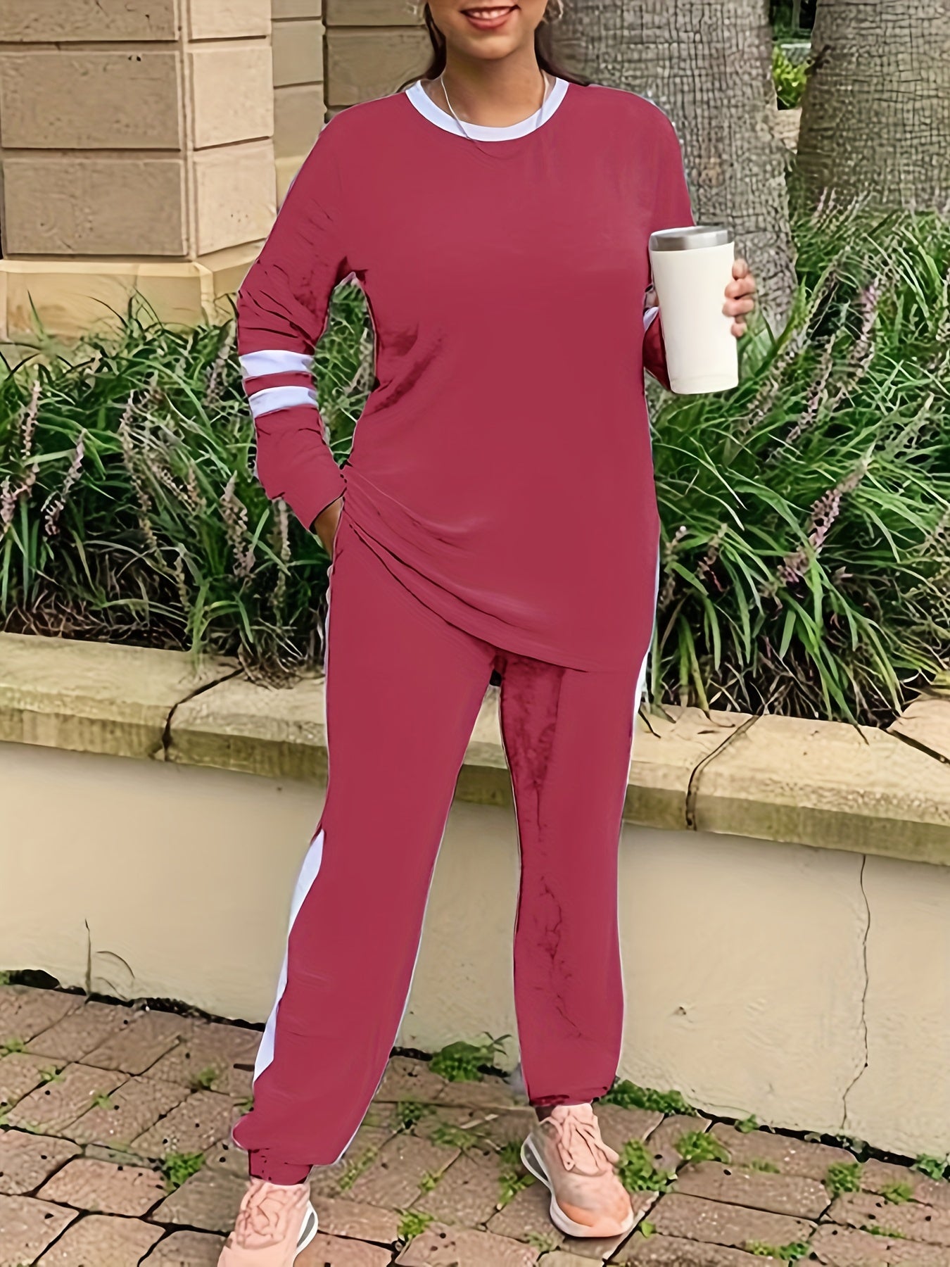 Women's Plus Colorblock Long Sleeve Top & Tapered Leg Pants Set