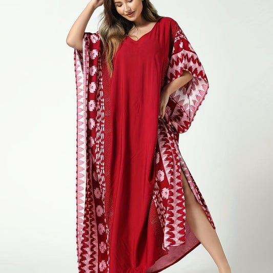 Boho Floral Print Thigh Split Cover Up Swimsuit V Neck Loose Kaftan