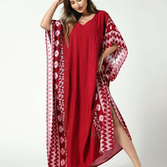 Boho Floral Print Thigh Split Cover Up Swimsuit V Neck Loose Kaftan