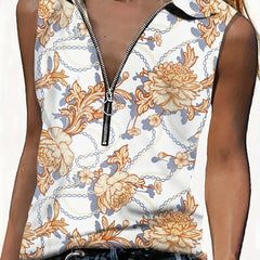 Baroque Print Half Zip Top Shirt Collar Sleeveless Casual Top