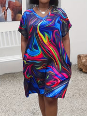Women's Plus Painting Print V Neck Dress with Pockets