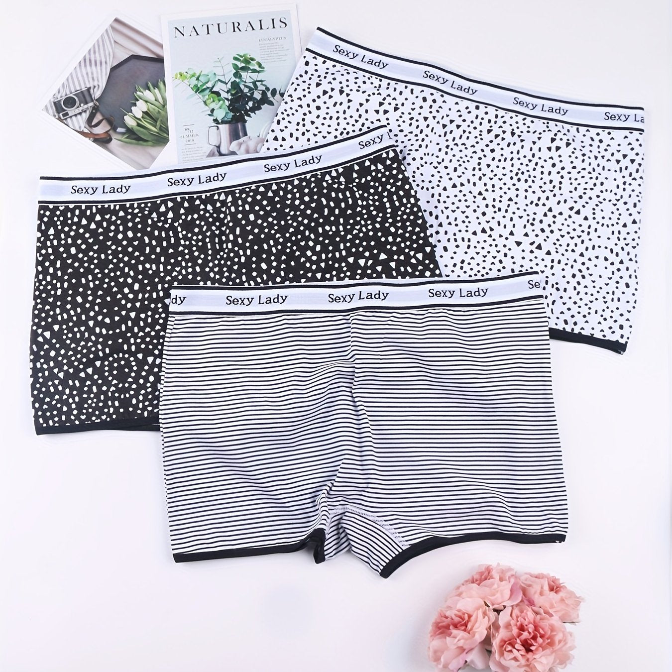 3 Pack Plus Size Sporty Panties Set Women's Plus Letter Tape Stripe & Dot Print