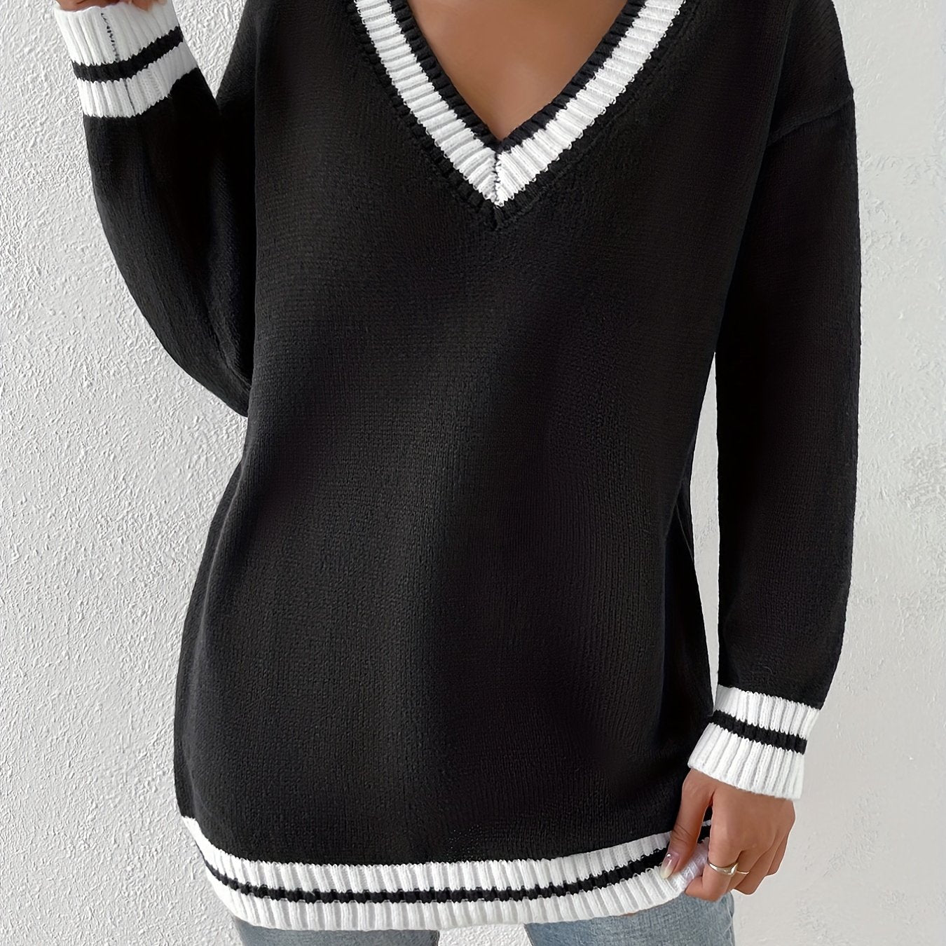 Block Knit Sweater V Neck Long Sleeve Preppy Sweater Women's Clothing