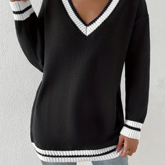 Block Knit Sweater V Neck Long Sleeve Preppy Sweater Women's Clothing