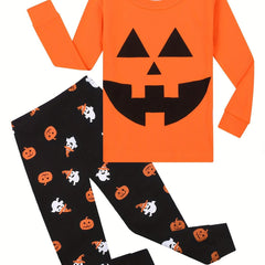 Kids 2pcs Halloween Pajamas Set Pumpkin Print Loungewear Cotton PJ Set