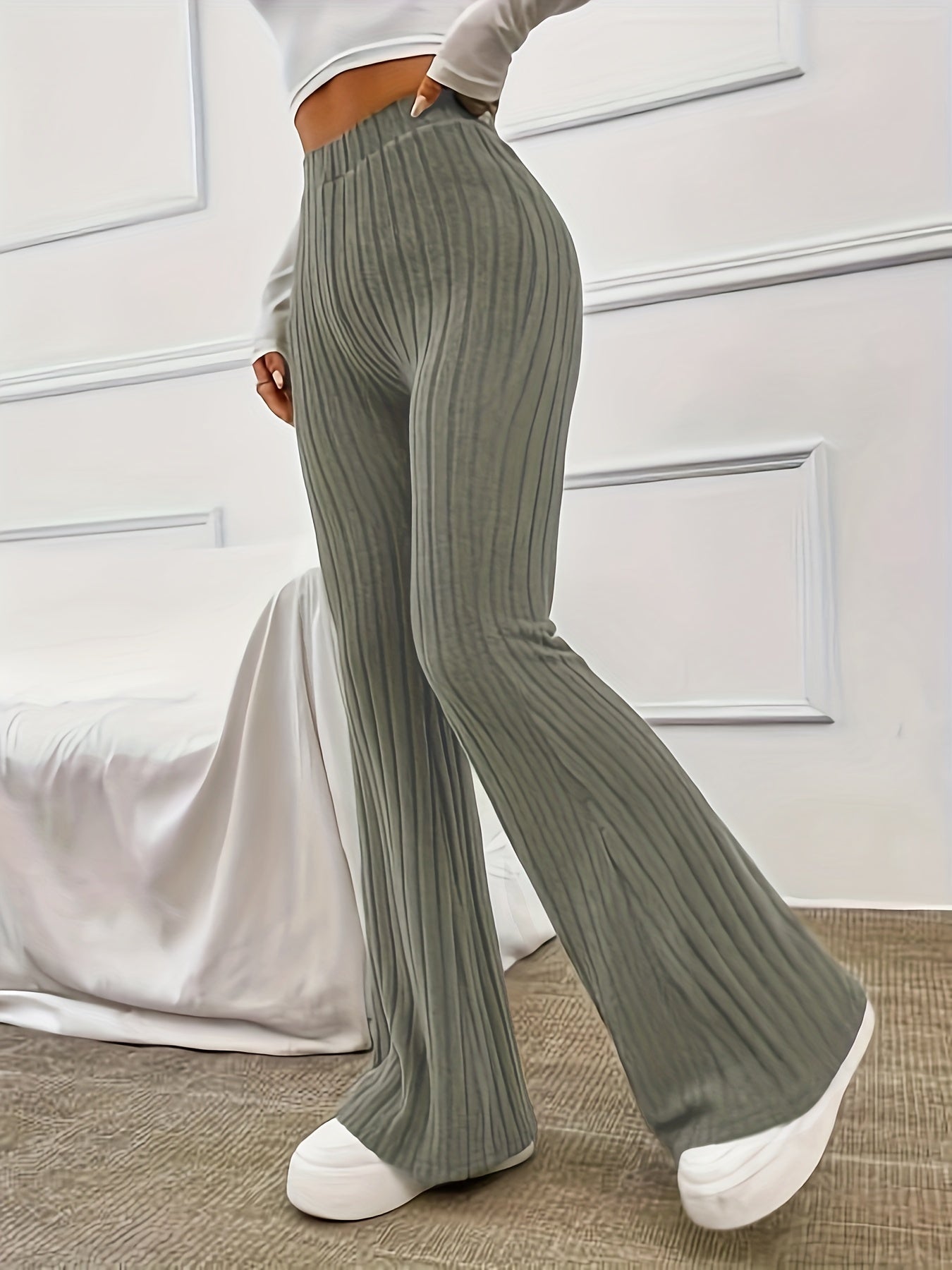 Ribbed Flare Leg Pants Spring & Fall Women's Clothing