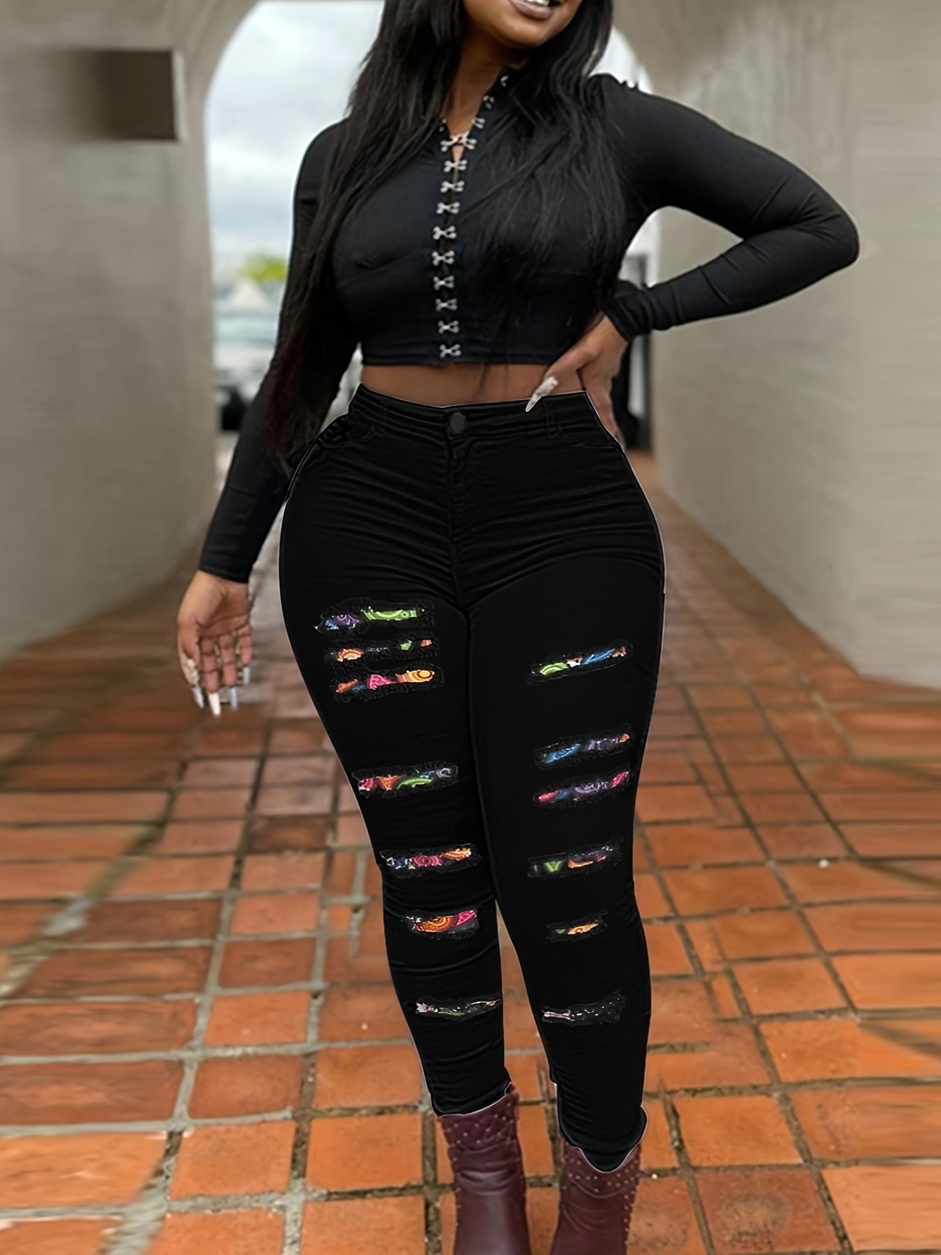 Colorful Patchwork Skinny Jeans High Rise Paisley Distressed Pencil Jeans
