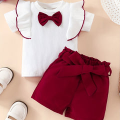 2pcs Baby Girls Bowknot Short Sleeve Top & Belted Shorts Set