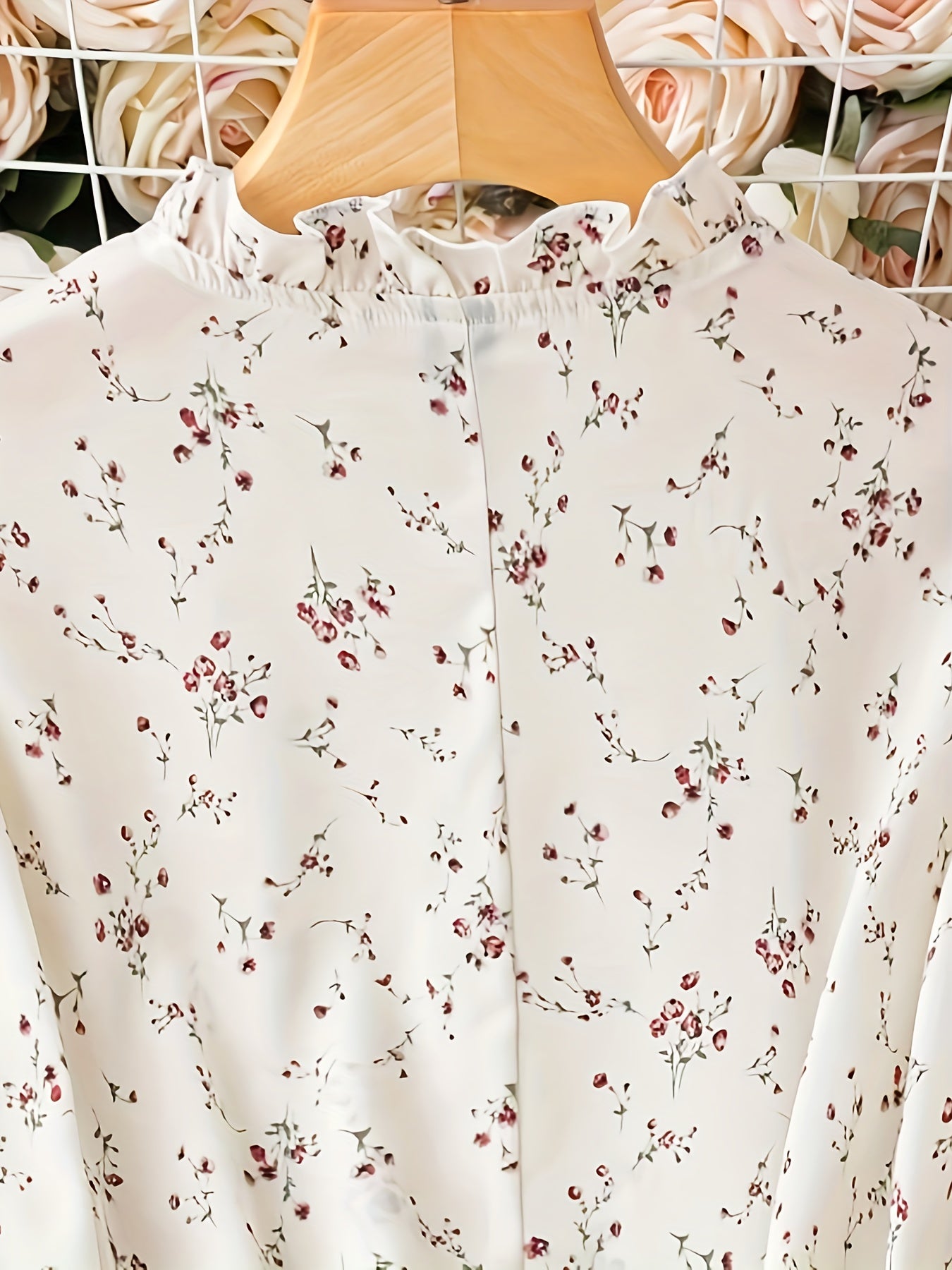 Boho Blouse Floral Ruffle Trim Tie Front Mock Neck Top