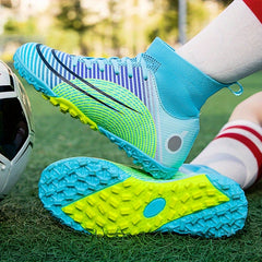 Boy's High Top Turf Football Boots Outdoor Anti skid Lace Up TF Soccer Cleats