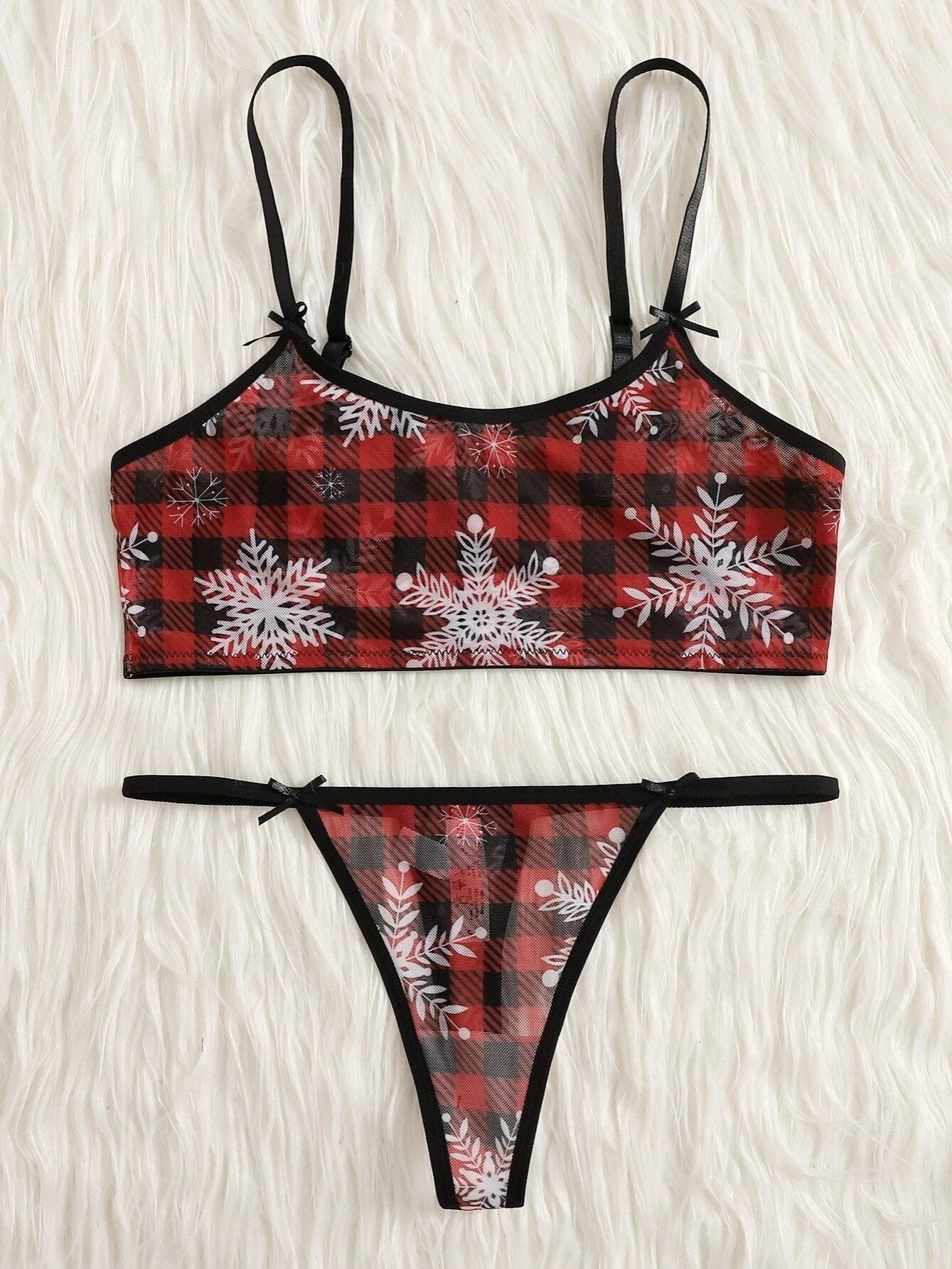 Christmas Plaid Print Sexy Lingerie Set Cami Tops & Thongs