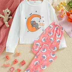 Moon Elephant Pattern Kid's Pajamas Set Letter Print PJ Set