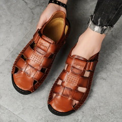 Men's Vintage Leather Slide Sandals Hook and Loop Casual Walking Shoes