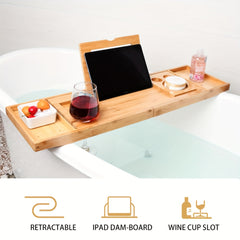Adjustable Bamboo Bathtub Caddy Tray with Wine Glass Holder and iPad Stand