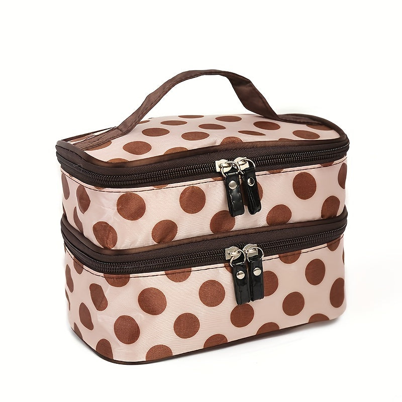 Double Layer Dot Pattern Cosmetic Bag, Waterproof & Durable with Mirror