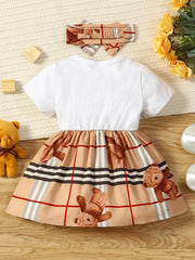 2pcs Girls Casual Bear Bowknot Summer Dress & Headband Set