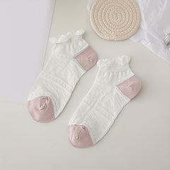 5 Pairs Floral Print Ankle Socks Ruffle Trim No Show Stockings