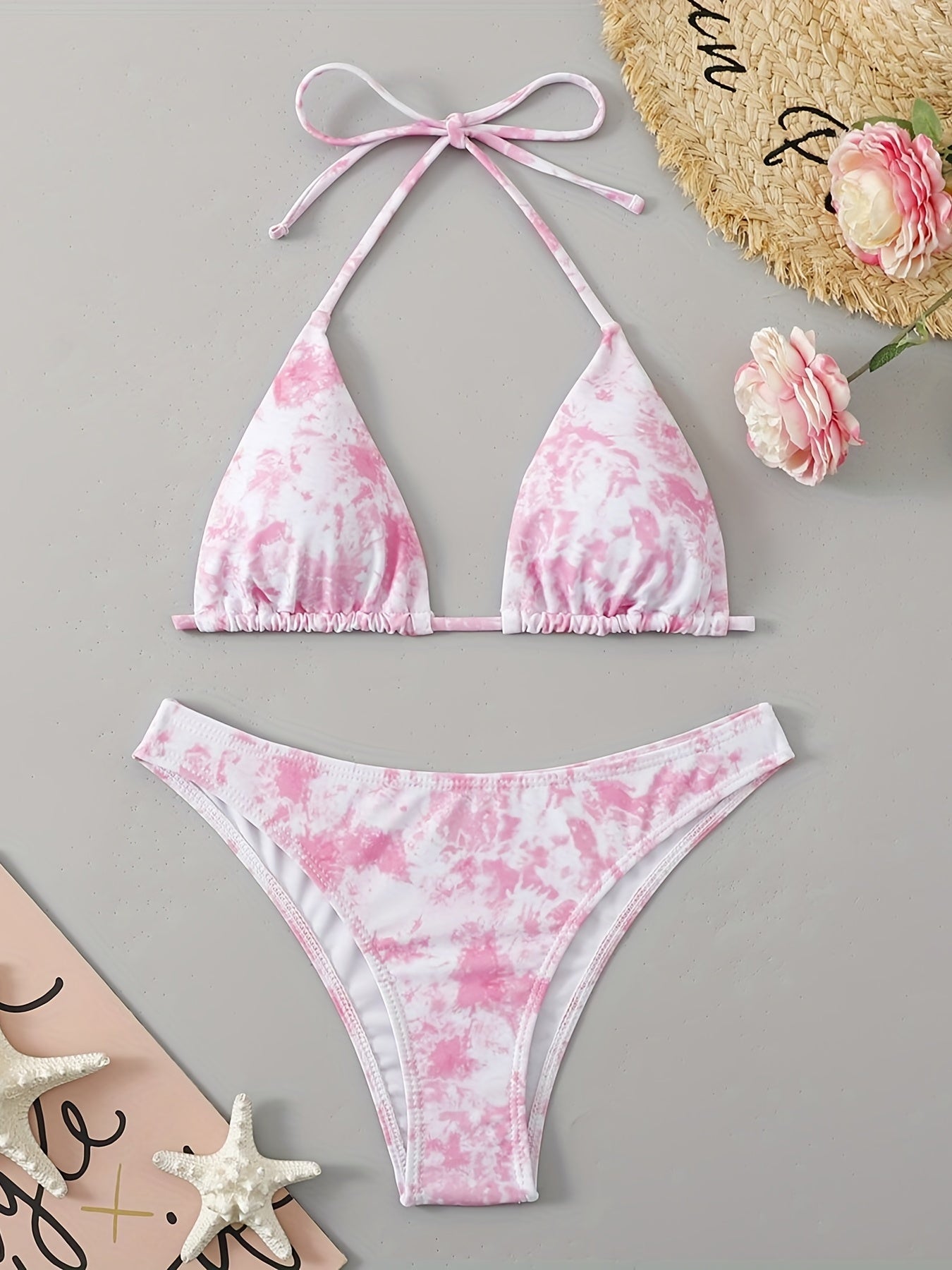 Tie Dye Triangle Bikini Set Halter V Neck Backless High Cut Two Piece Swimsuit