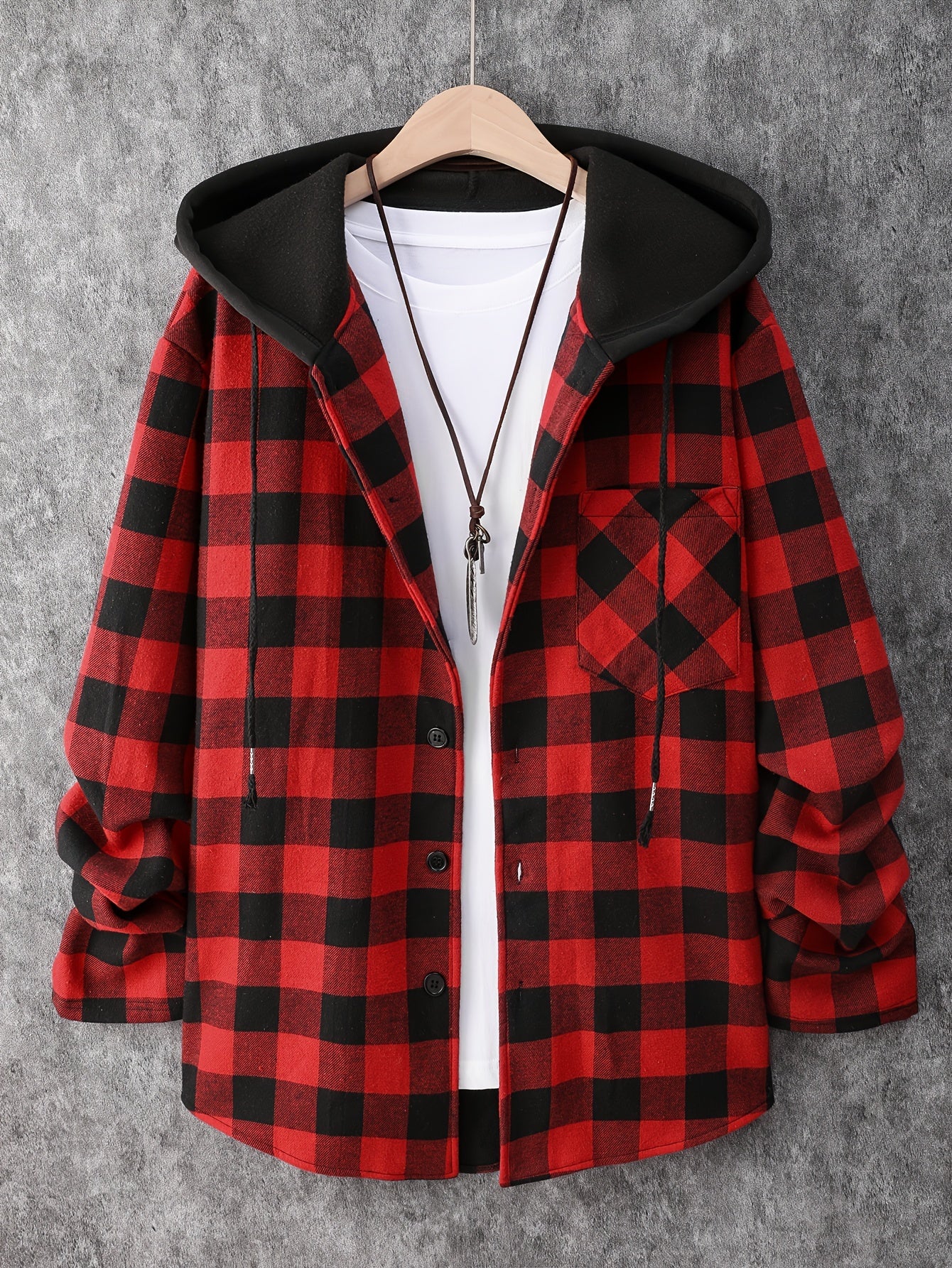 Men's Plaid Hooded Shirt Jacket Long Sleeve Regular Fit Coat