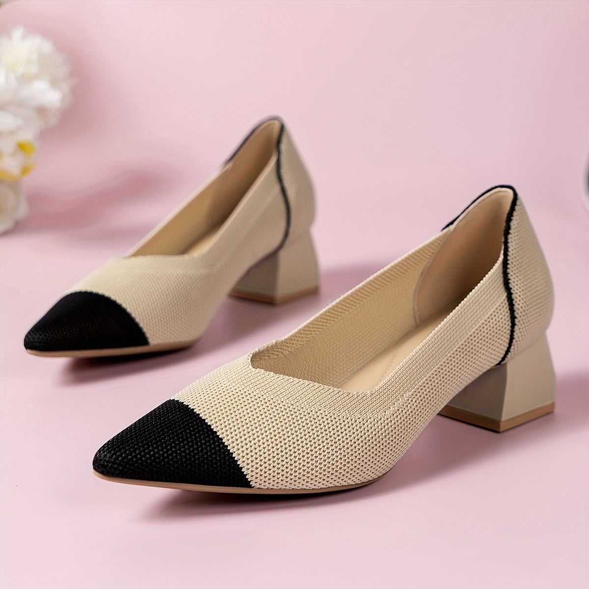 Women's Knit Chunky Heels Colorblock Slip On Heels