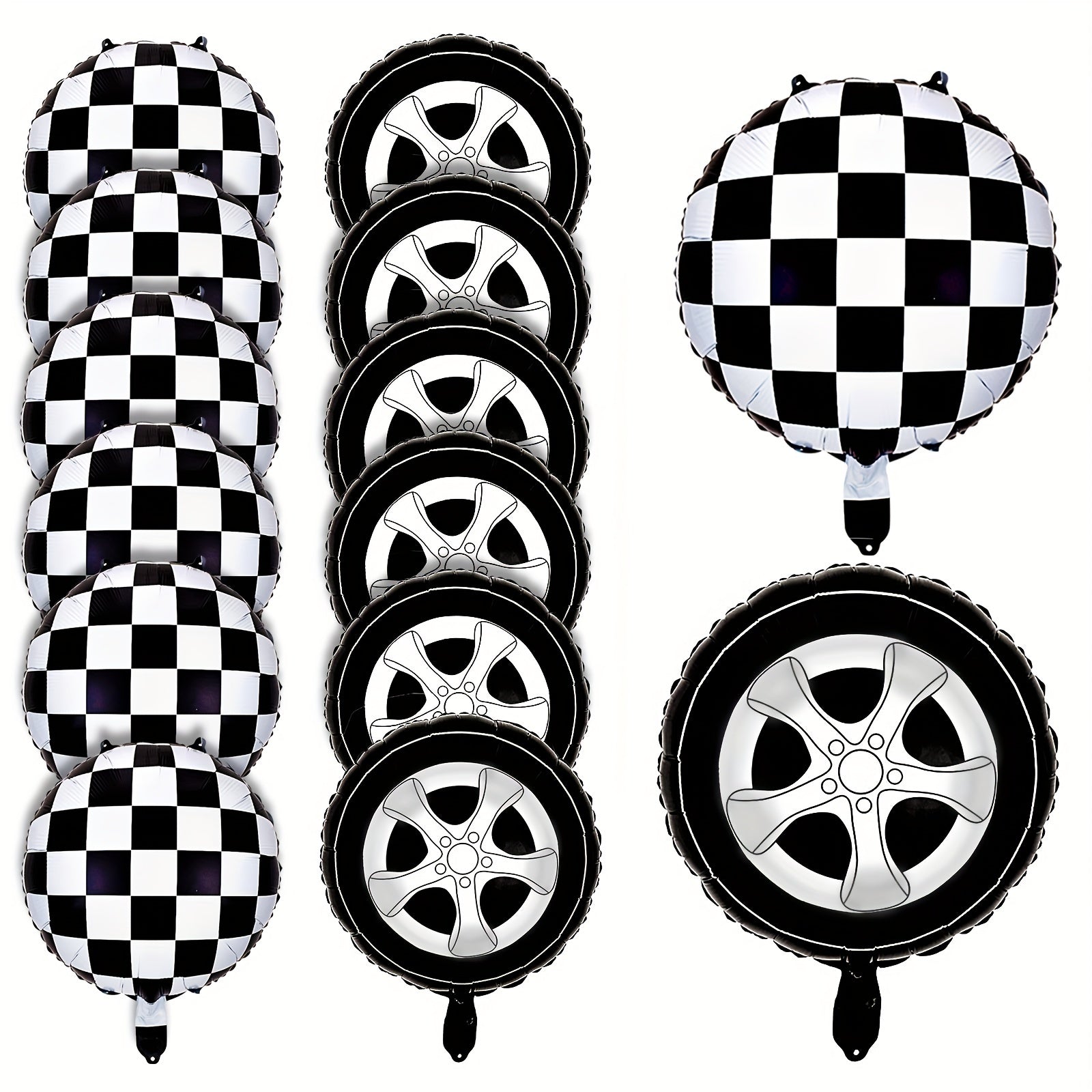 12 Pcs Checkered Racing Balloons & Car Wheel Aluminum Foil Race Car Balloons