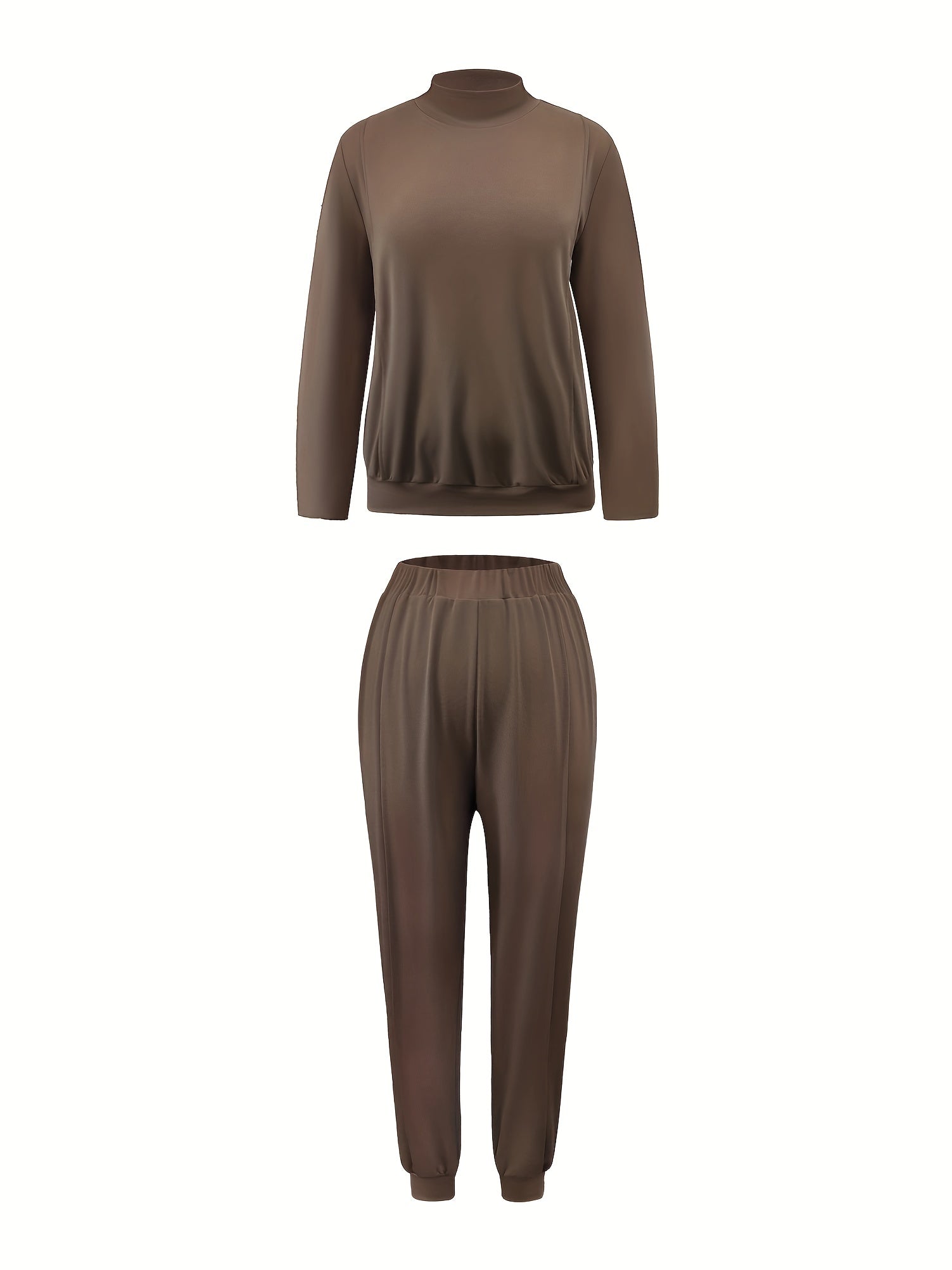 Solid Long Sleeve Mock Neck Pullover Top & Pants Set