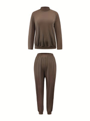 Solid Long Sleeve Mock Neck Pullover Top & Pants Set