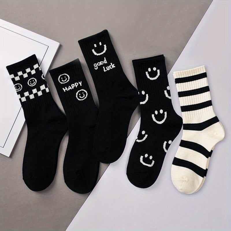 Smiling Face Print Socks in 8 Pairs Mid Tube Women's Stockings