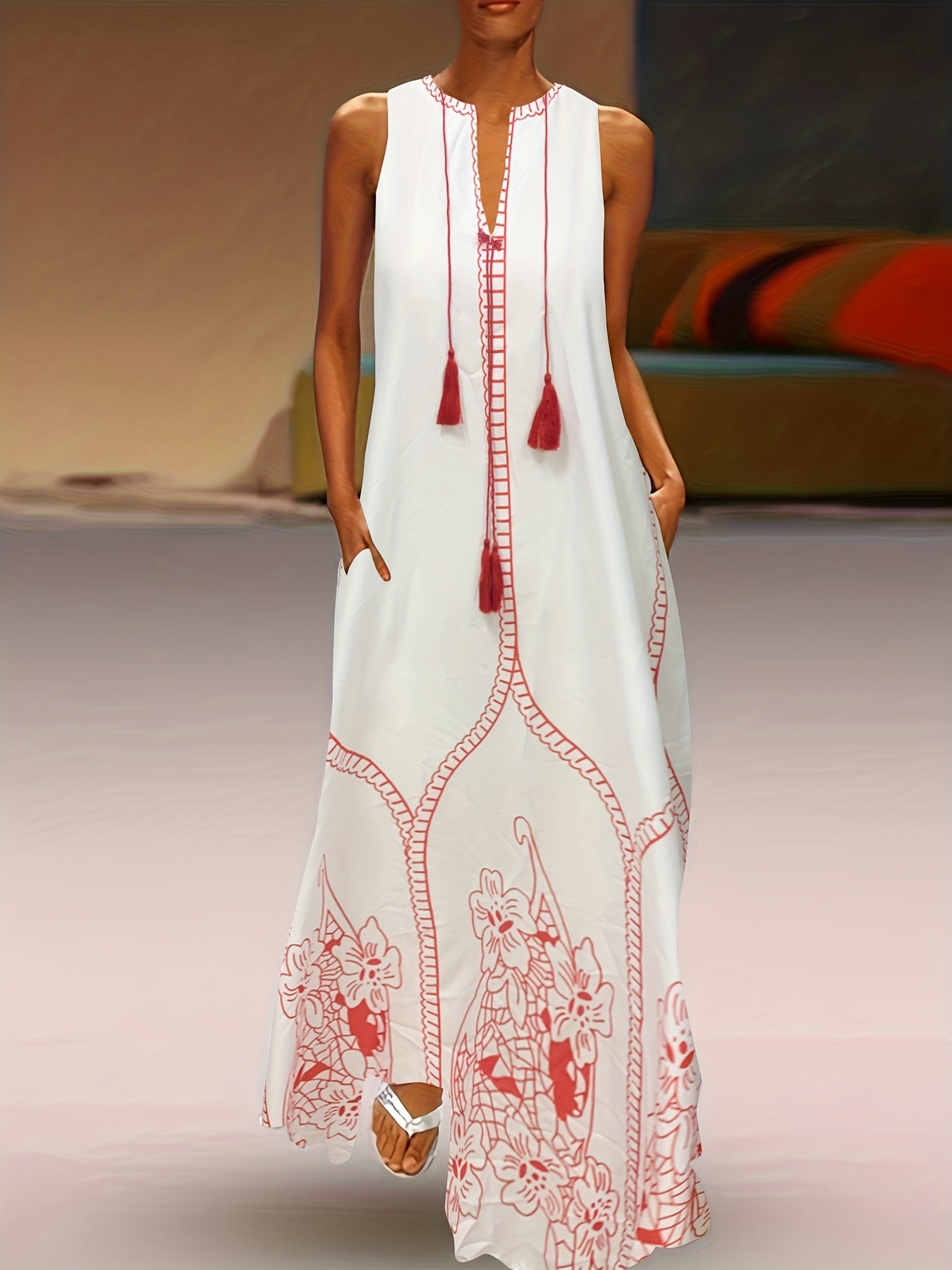 Women's Plus Floral Print Notched Neck Tassel Tank Dress