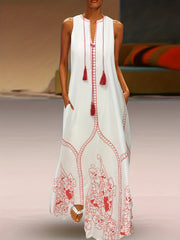Women's Plus Floral Print Notched Neck Tassel Tank Dress