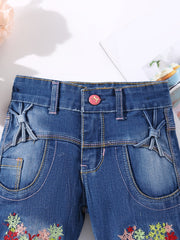 Girls' Floral Butterfly Embroidered Denim Capris