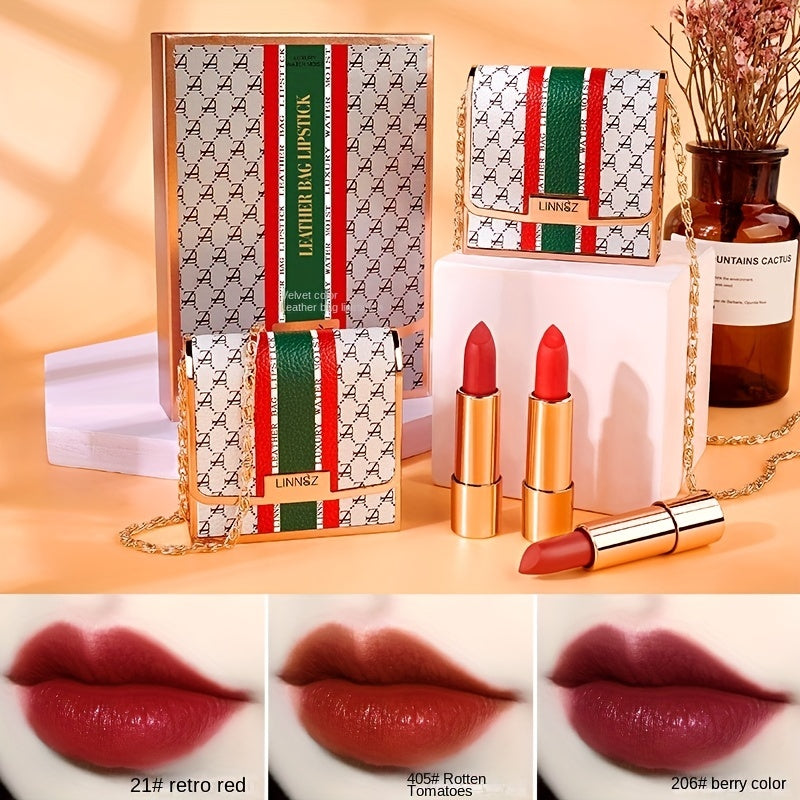 Matte Lipstick Set 3 Colors Lip Stick With Green Chain Bag
