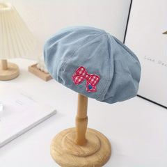 Pink Bowknot Patch Beret Denim Painter Cap Lightweight Hats
