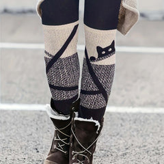 Colorblock Cat Print High Rise Leggings