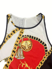 Colorblock Chain Decor Tank Romper