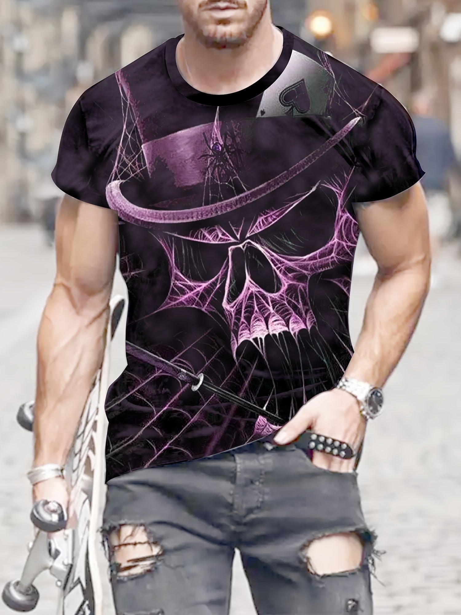 Purple Skull 3D Pattern Print Men's Short Sleeve T-shirt Graphic Tee