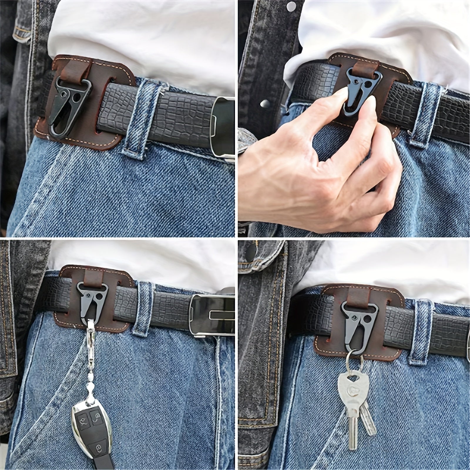 Thick Leather Belt Keychain with Eagle Mouth Hook for Men