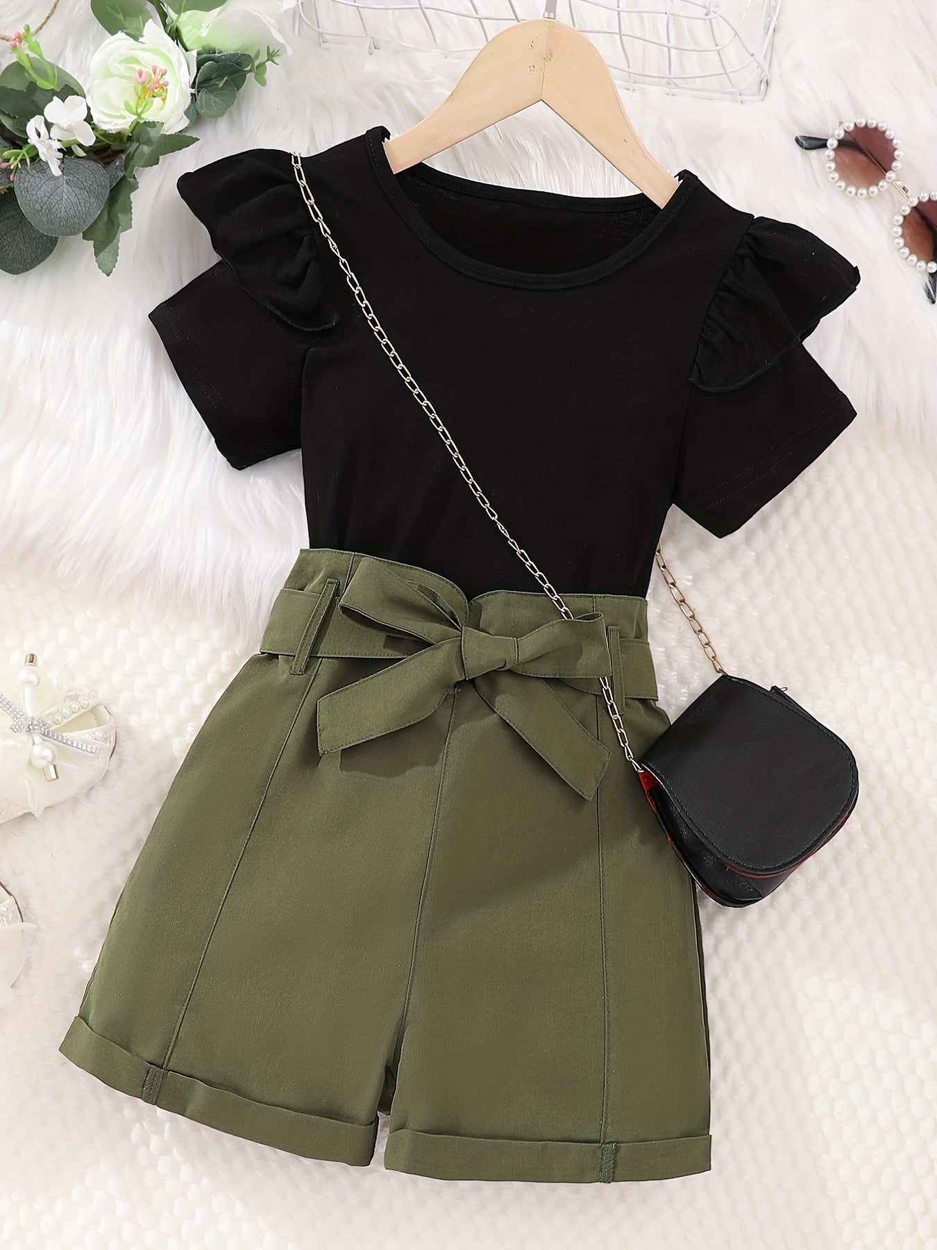 Girl's Ruffle Short Sleeve T shirt & Shorts Set with Bow Belt