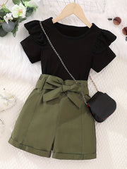 Girl's Ruffle Short Sleeve T shirt & Shorts Set with Bow Belt