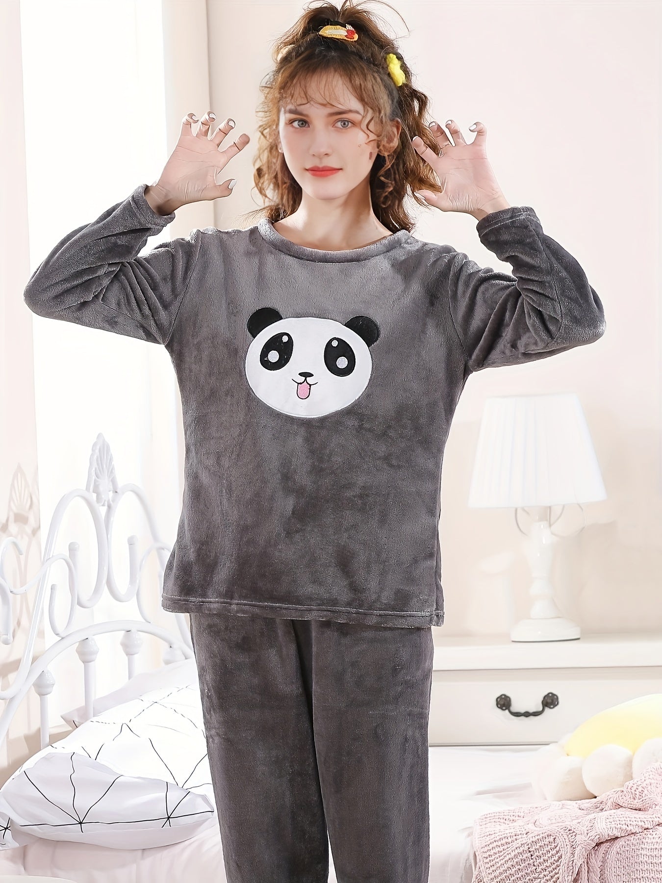 Girls Flannel Pajama Set Panda Print Soft Warm Long Sleeve Casual Loungewear