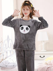 Girls Flannel Pajama Set Panda Print Soft Warm Long Sleeve Casual Loungewear