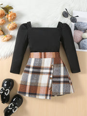 Girls Square Neck Top & Red Plaid Skirt Set Spring Fall