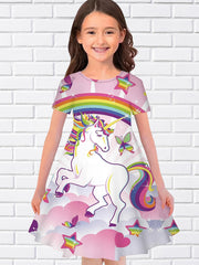 Girls Summer 3D Animal Long Dress Short Sleeve Princess Dress