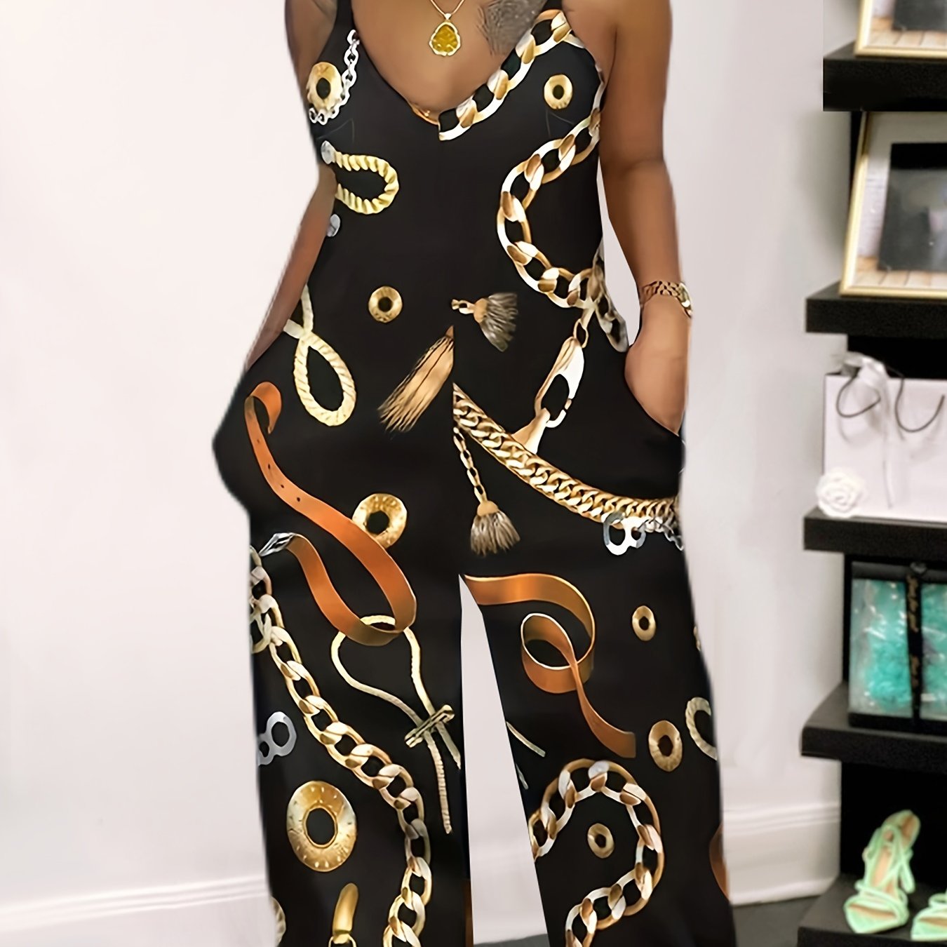 Chain Print Wide Leg Cami Jumpsuit Women's Clothing