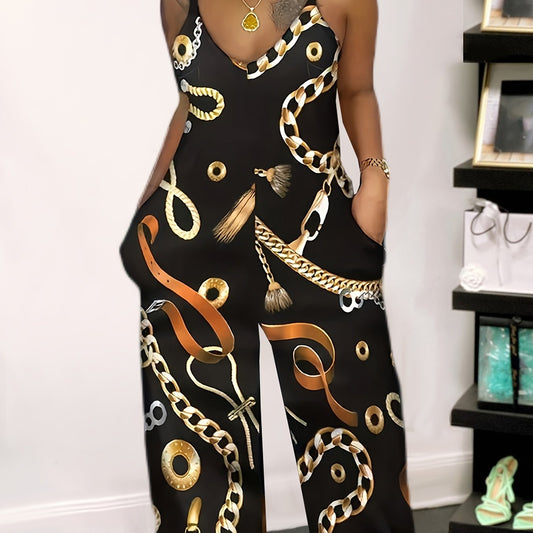Chain Print Wide Leg Cami Jumpsuit Women's Clothing